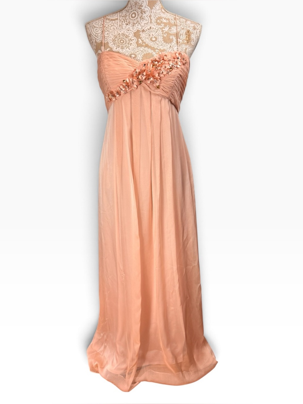 Adrianna Papell Chiffon Dress Gown Peach Pink Flower Beaded Empire Maxi 8 Fairy